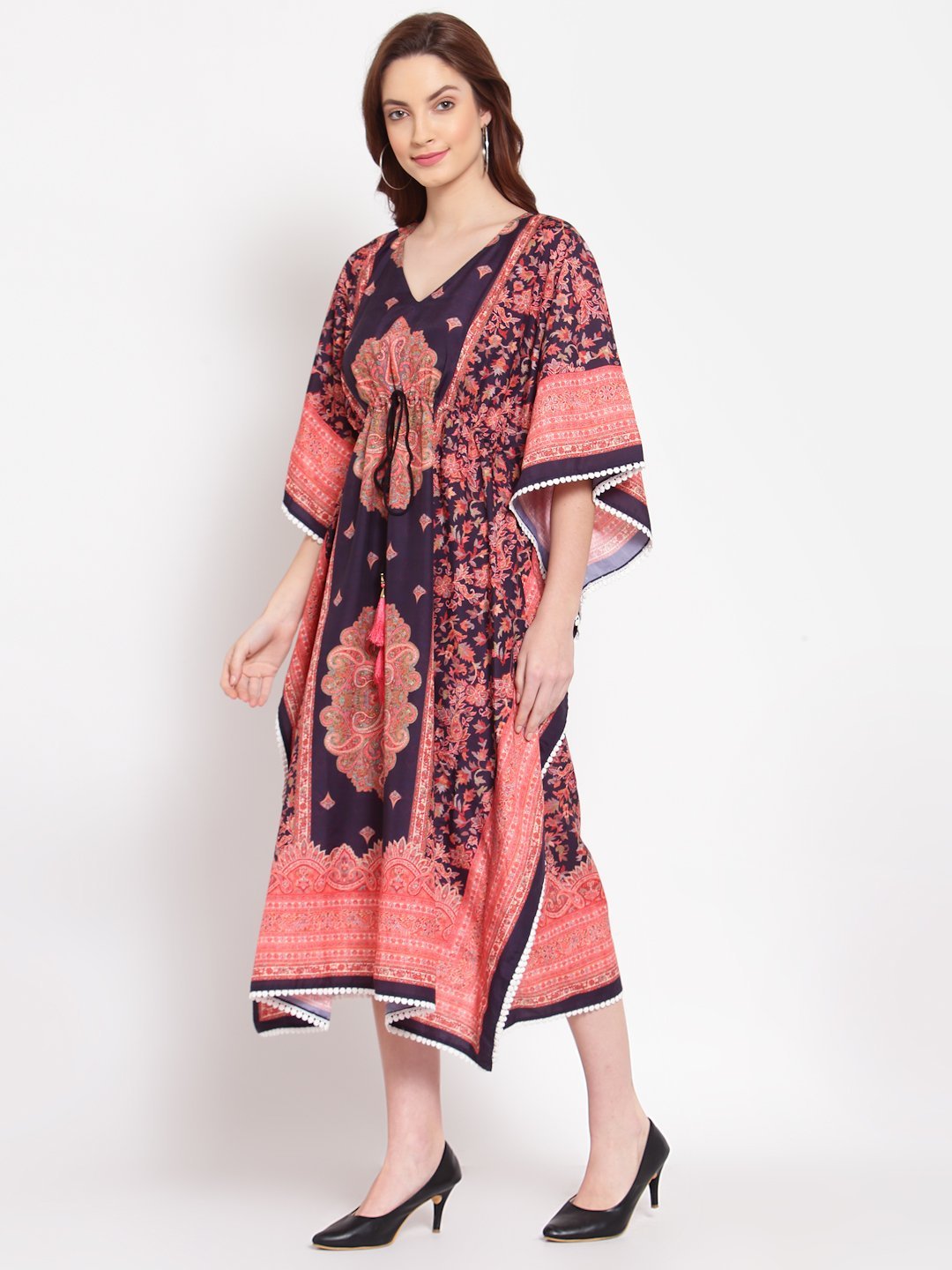 Women's Multi Printed Cotton 3/4 Sleeve V Neck Casual Kaftan Dress