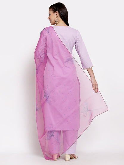 Women's Light Purple Cotton Solid 3/4 Sleeve Round Neck Casual Kurta Pant Dupatta Set