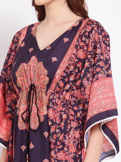 Women's Multi Printed Cotton 3/4 Sleeve V Neck Casual Kaftan Dress