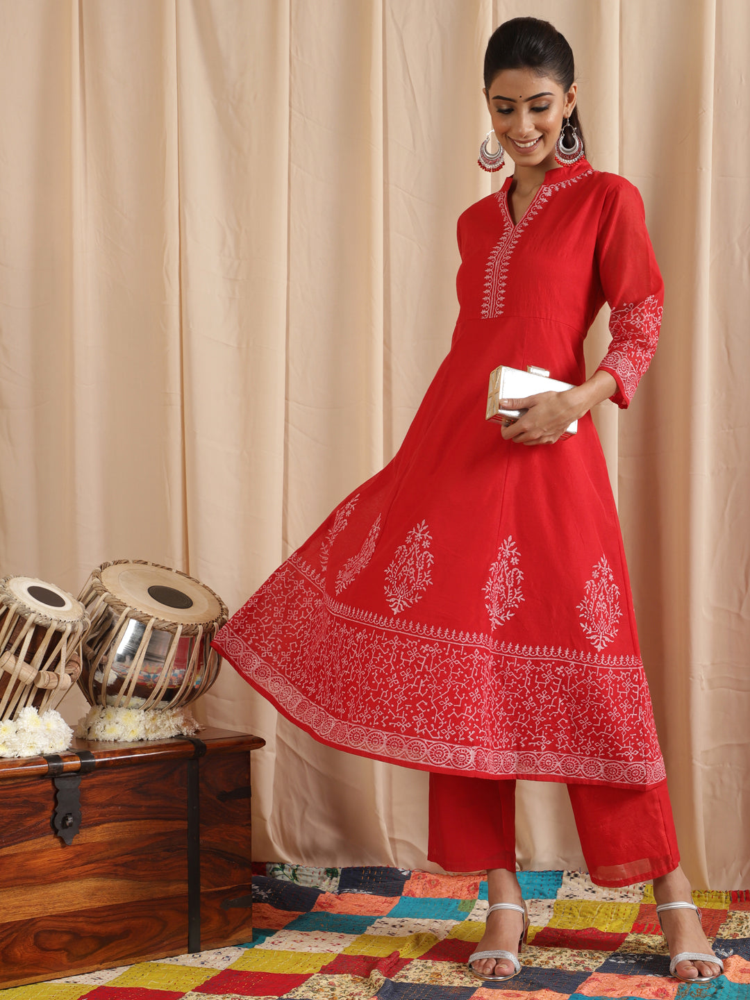 Women's Red Block Print Anarkali