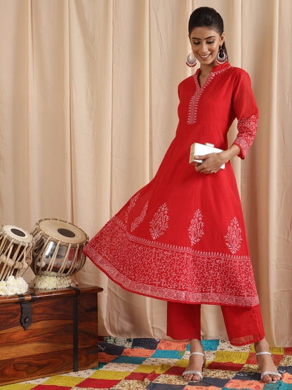 Women's Red Block Print Anarkali
