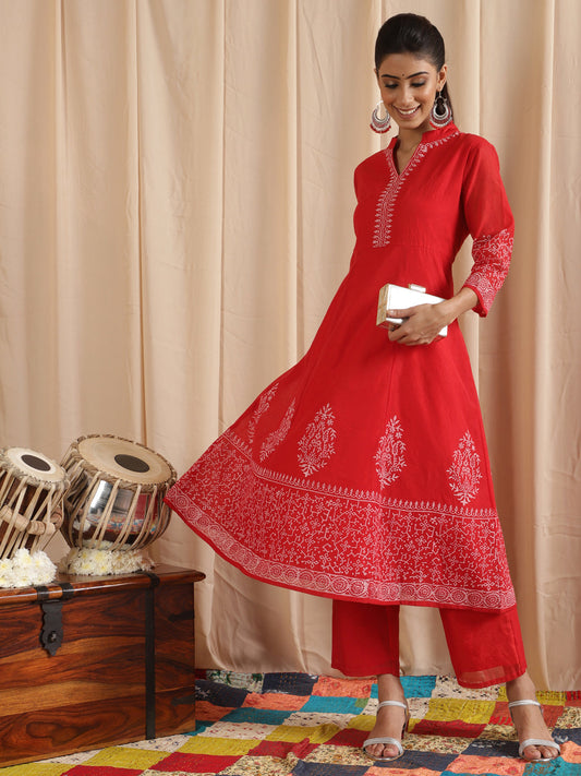 Women's Red Block Print Anarkali