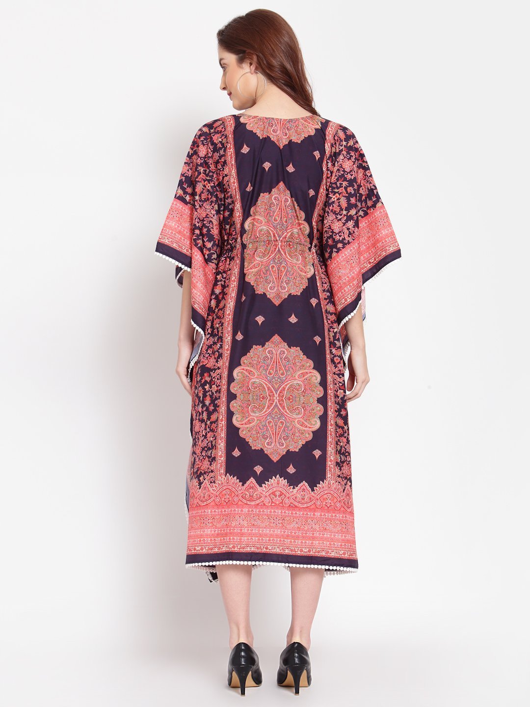 Women's Multi Printed Cotton 3/4 Sleeve V Neck Casual Kaftan Dress