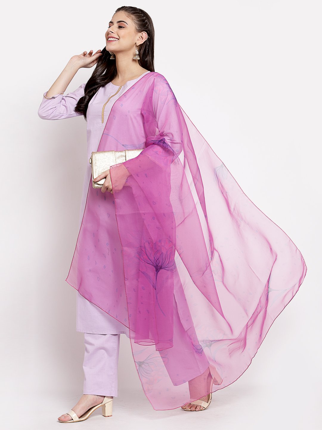 Women's Light Purple Cotton Solid 3/4 Sleeve Round Neck Casual Kurta Pant Dupatta Set