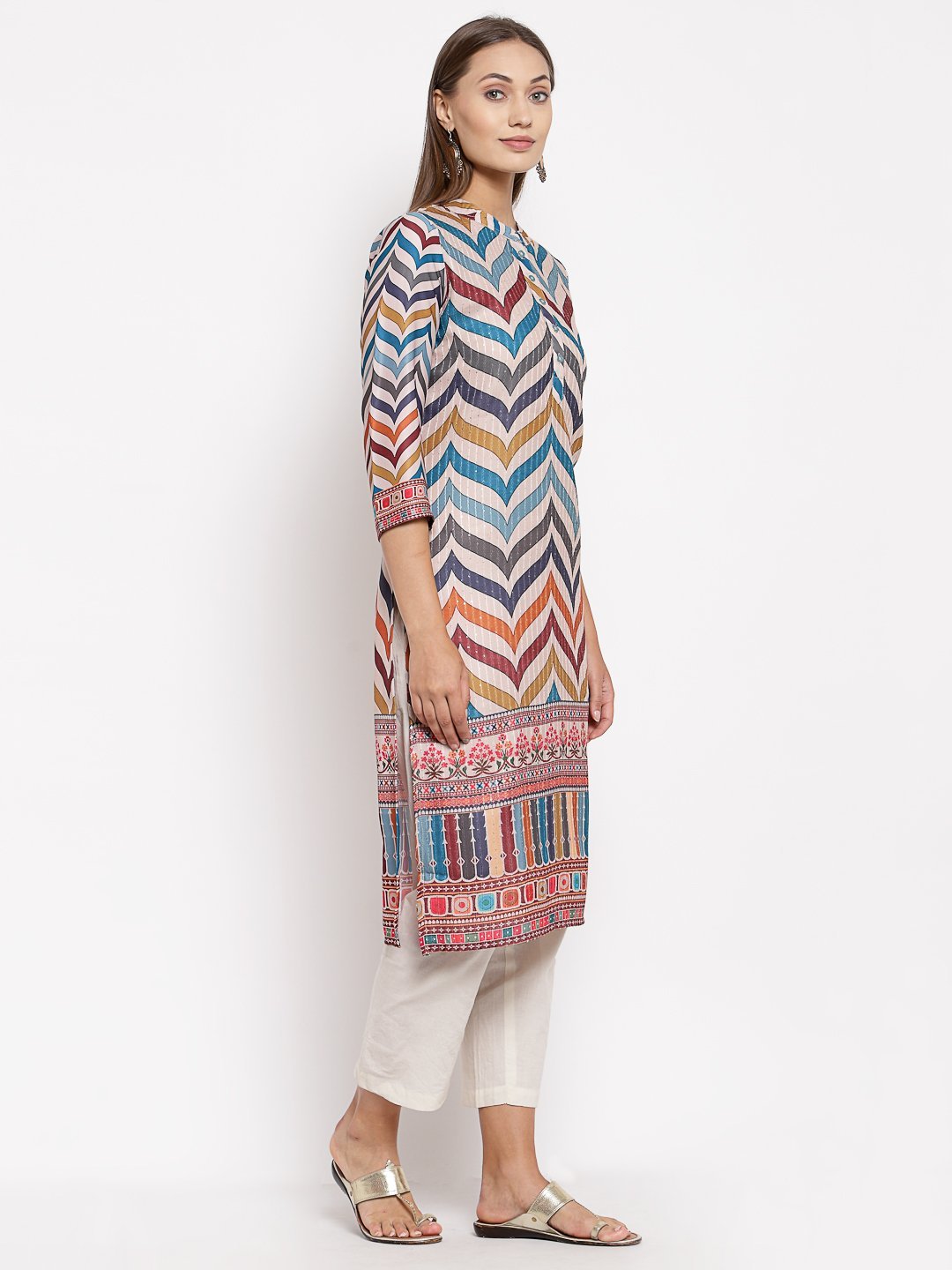 Women Multicoloured Silk Printed Kurta by Myshka (