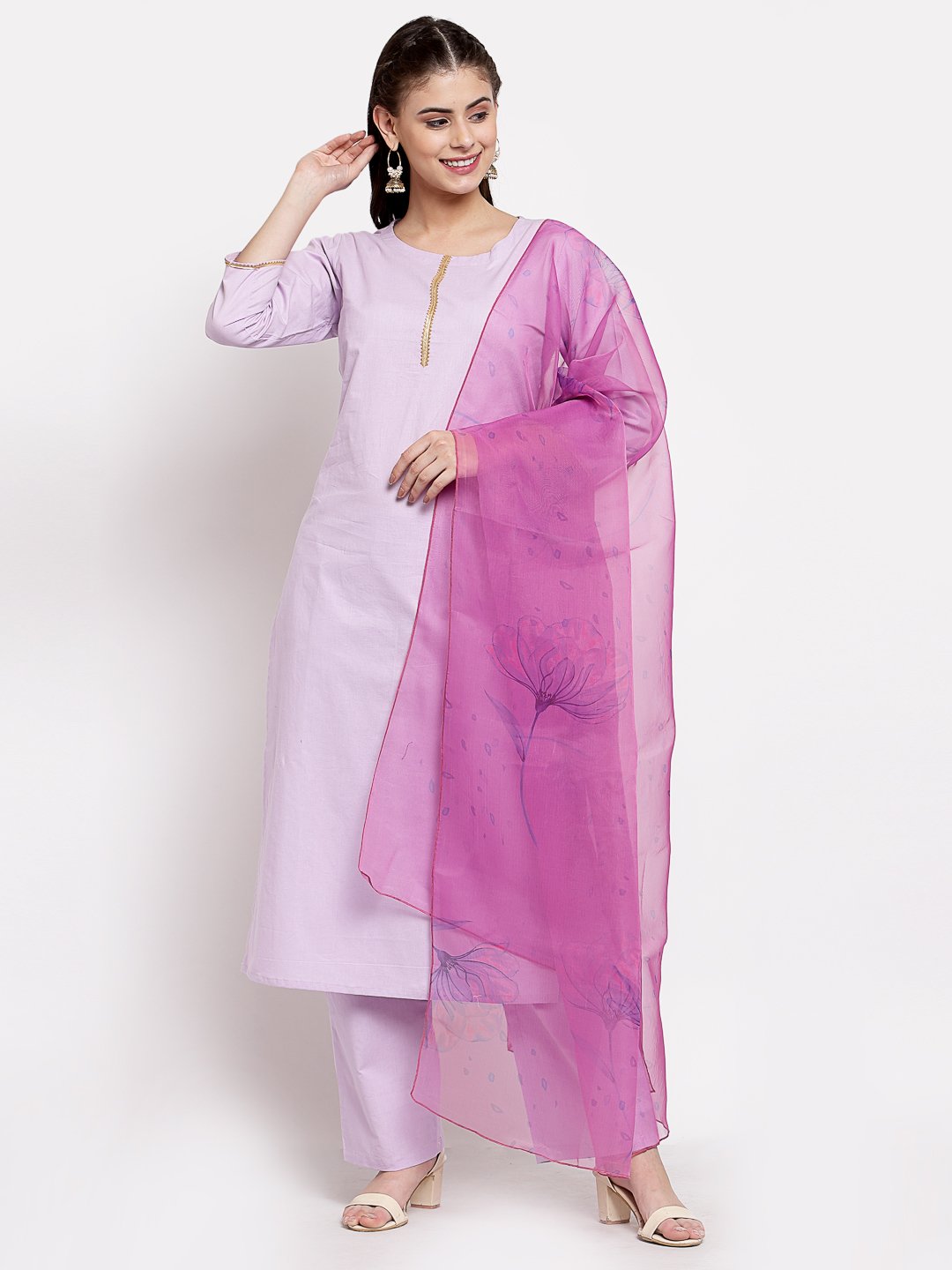 Women's Light Purple Cotton Solid 3/4 Sleeve Round Neck Casual Kurta Pant Dupatta Set