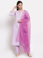 Women's Light Purple Cotton Solid 3/4 Sleeve Round Neck Casual Kurta Pant Dupatta Set