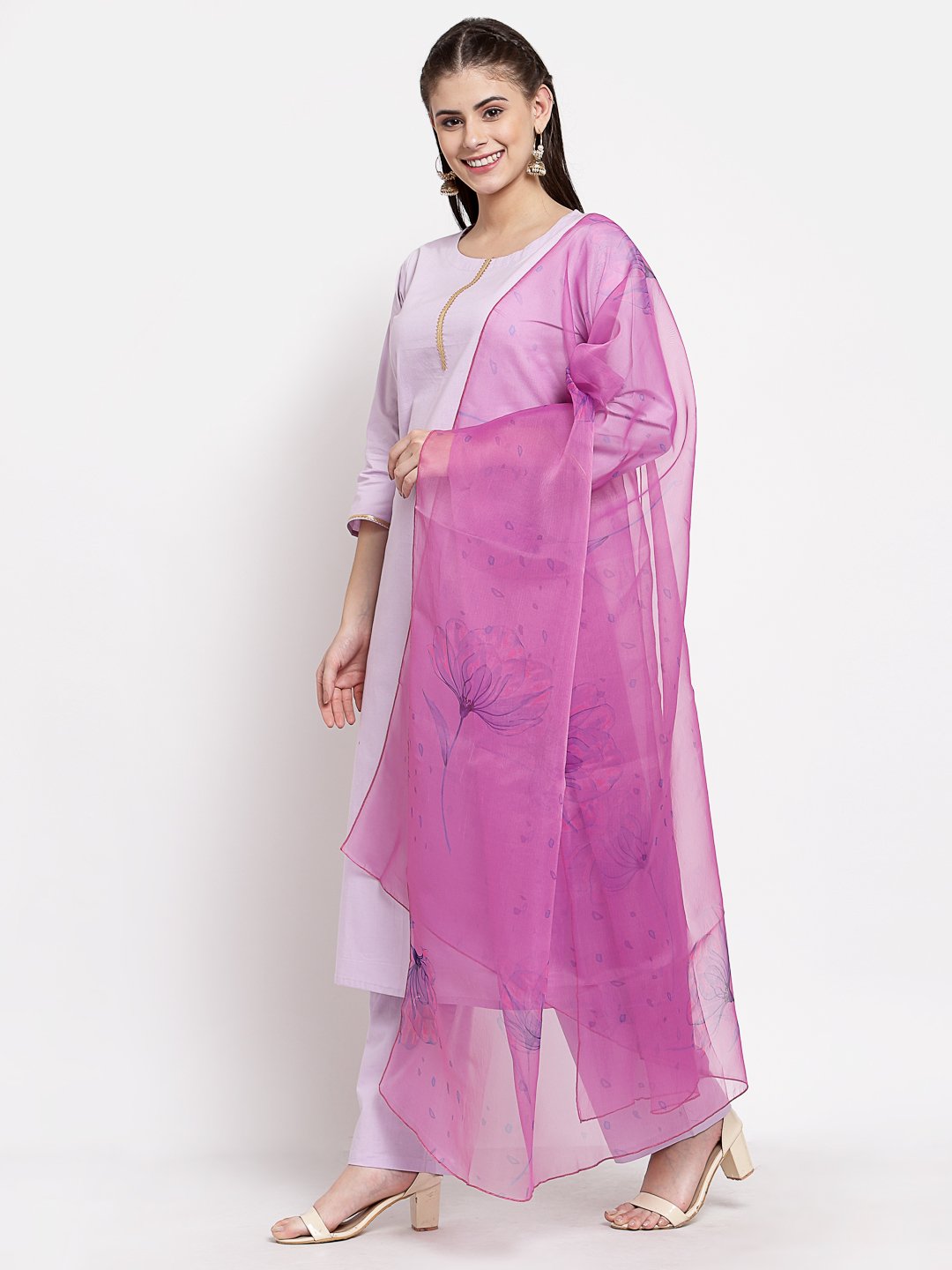 Women's Light Purple Cotton Solid 3/4 Sleeve Round Neck Casual Kurta Pant Dupatta Set