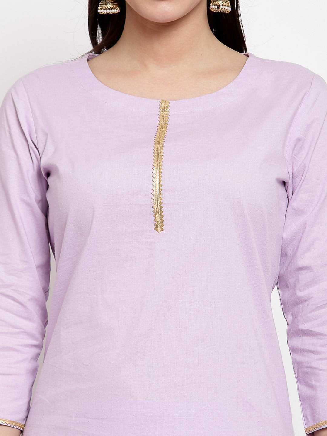 Women's Light Purple Cotton Solid 3/4 Sleeve Round Neck Casual Kurta Pant Dupatta Set