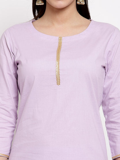 Women's Light Purple Cotton Solid 3/4 Sleeve Round Neck Casual Kurta Pant Dupatta Set
