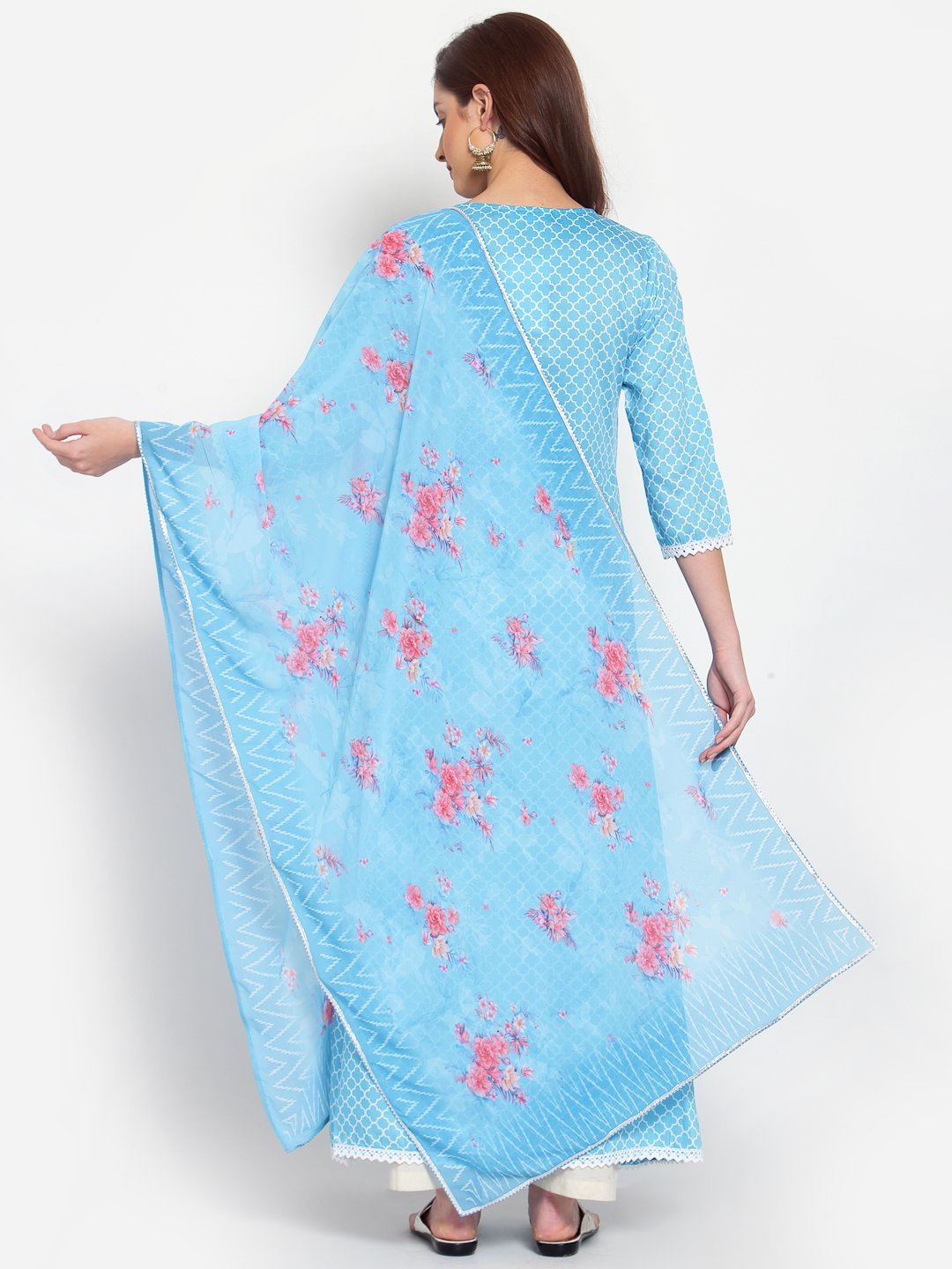 Women's Blue Printed Cotton Blend 3/4 Sleeve Square Neck Casual Anarkali Kurta Dupatta Set