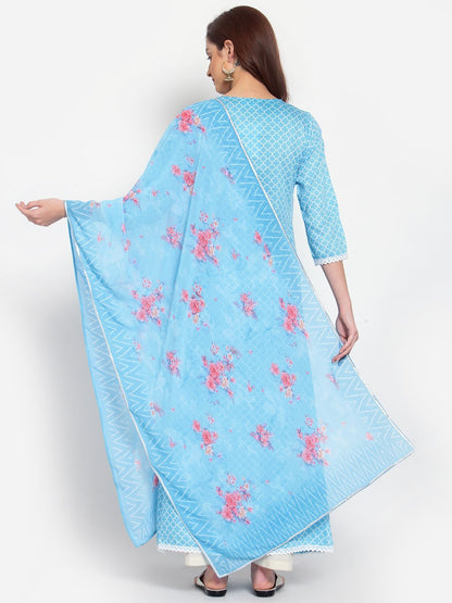 Women's Blue Printed Cotton Blend 3/4 Sleeve Square Neck Casual Anarkali Kurta Dupatta Set