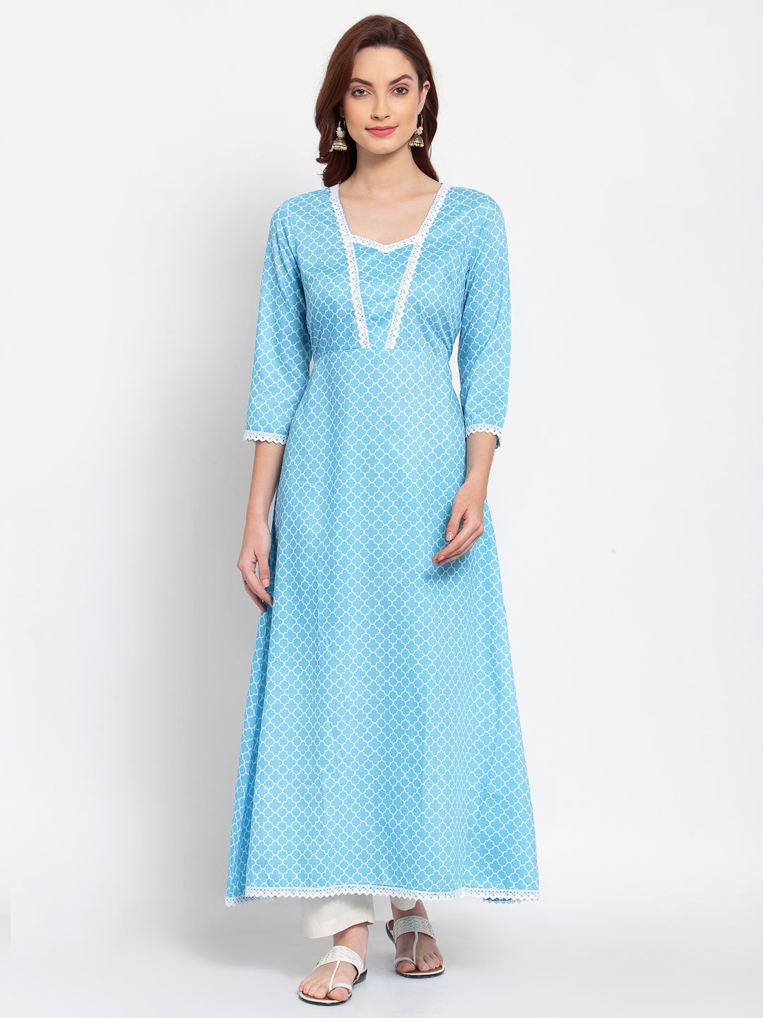 Women's Blue Printed Cotton Blend 3/4 Sleeve Square Neck Casual Anarkali Kurta Dupatta Set