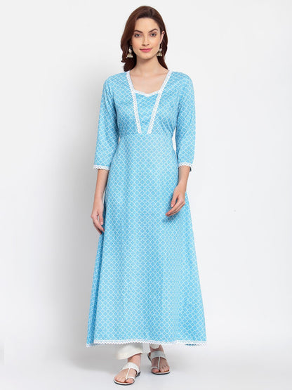 Women's Blue Printed Cotton Blend 3/4 Sleeve Square Neck Casual Anarkali Kurta Dupatta Set