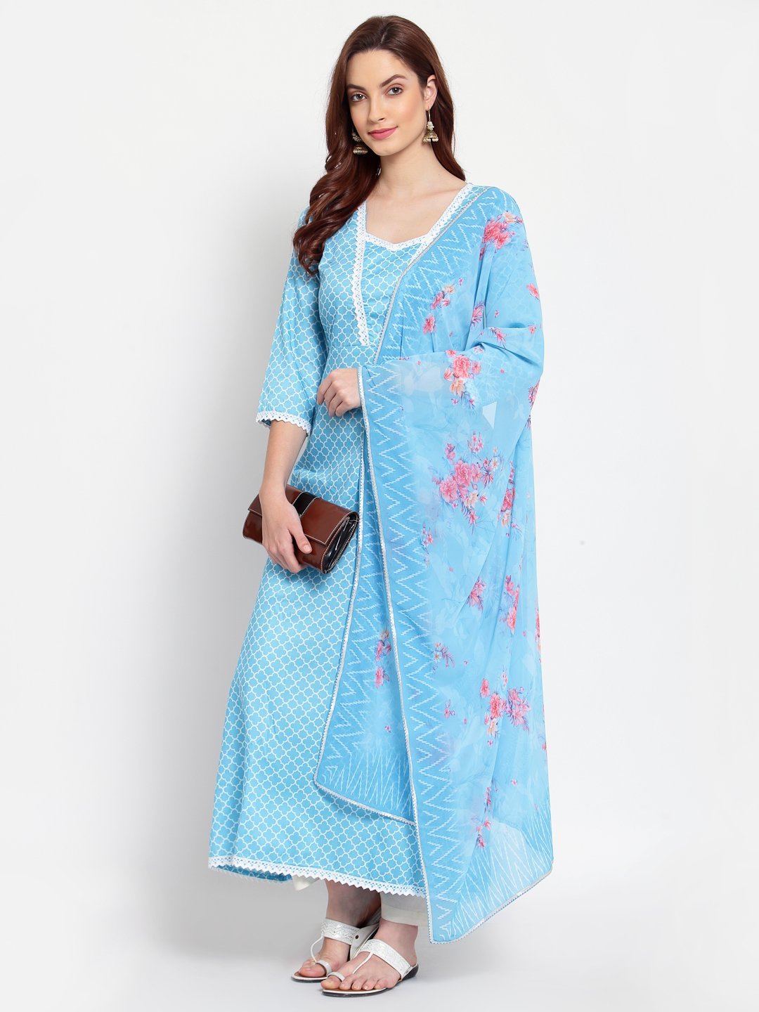 Women's Blue Printed Cotton Blend 3/4 Sleeve Square Neck Casual Anarkali Kurta Dupatta Set