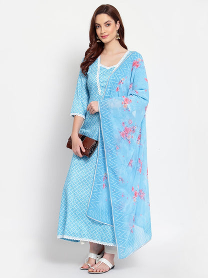 Women's Blue Printed Cotton Blend 3/4 Sleeve Square Neck Casual Anarkali Kurta Dupatta Set