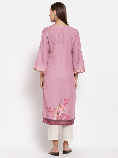Women's Pink Cotton Printed Full Sleeve Round Neck Casual Kurta