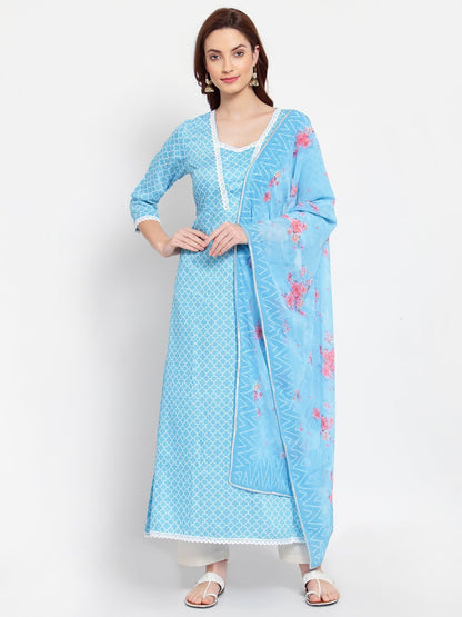 Women's Blue Printed Cotton Blend 3/4 Sleeve Square Neck Casual Anarkali Kurta Dupatta Set