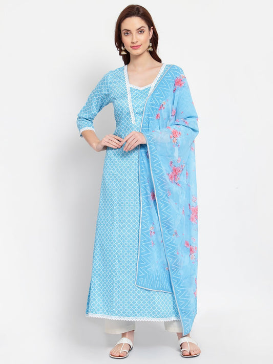 Women's Blue Printed Cotton Blend 3/4 Sleeve Square Neck Casual Anarkali Kurta Dupatta Set