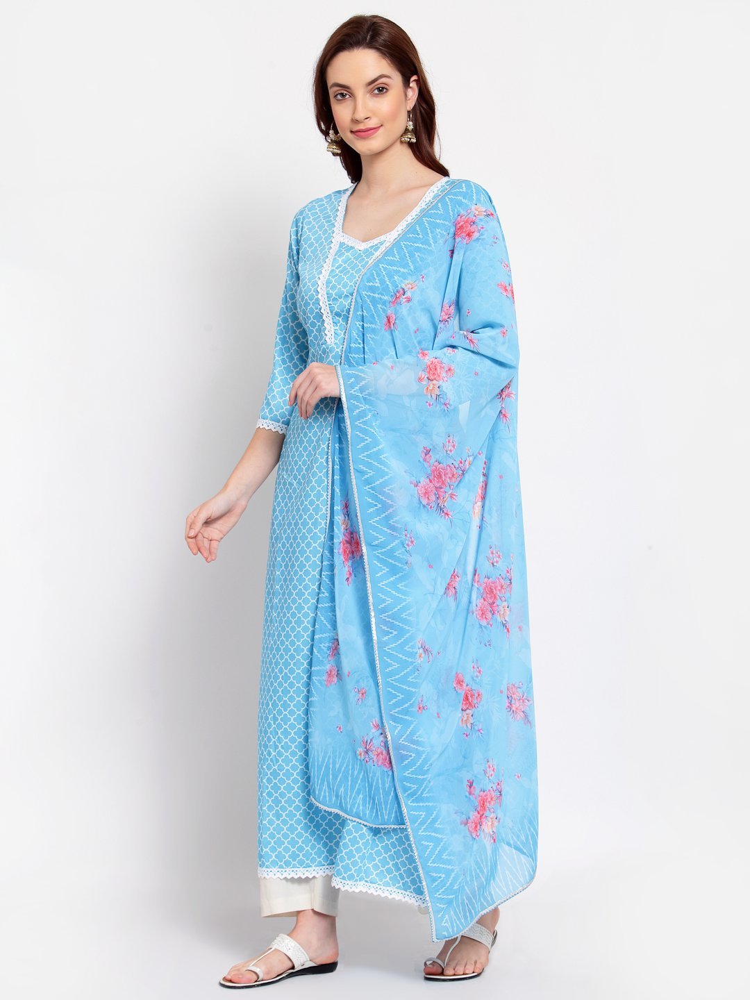 Women's Blue Printed Cotton Blend 3/4 Sleeve Square Neck Casual Anarkali Kurta Dupatta Set