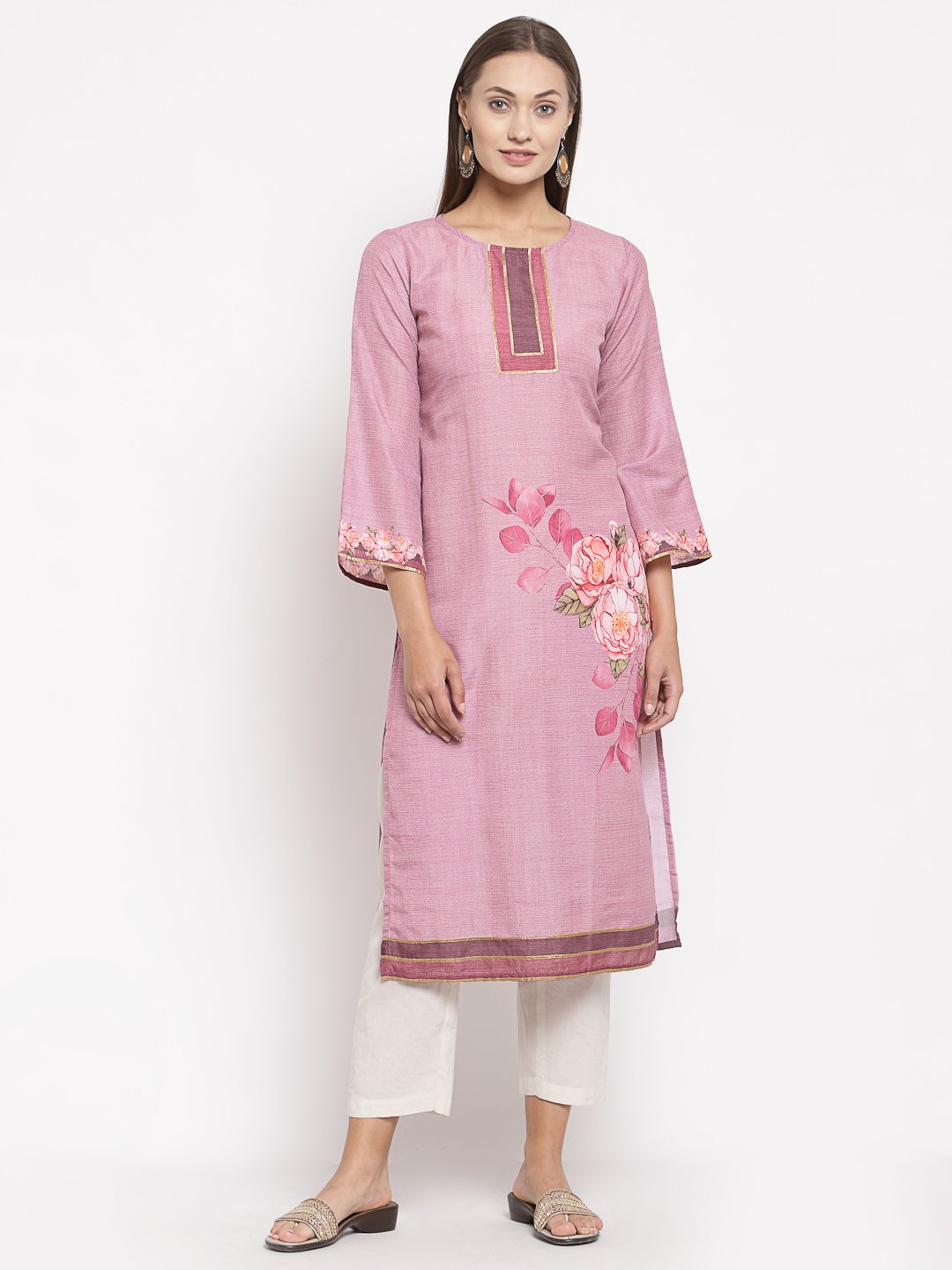 Women's Pink Cotton Printed Full Sleeve Round Neck Casual Kurta