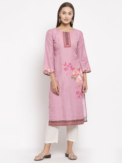 Women's Pink Cotton Printed Full Sleeve Round Neck Casual Kurta