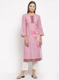 Women's Pink Cotton Printed Full Sleeve Round Neck Casual Kurta