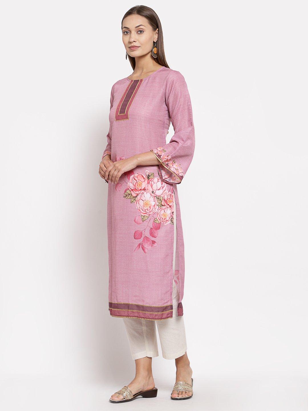 Women's Pink Cotton Printed Full Sleeve Round Neck Casual Kurta