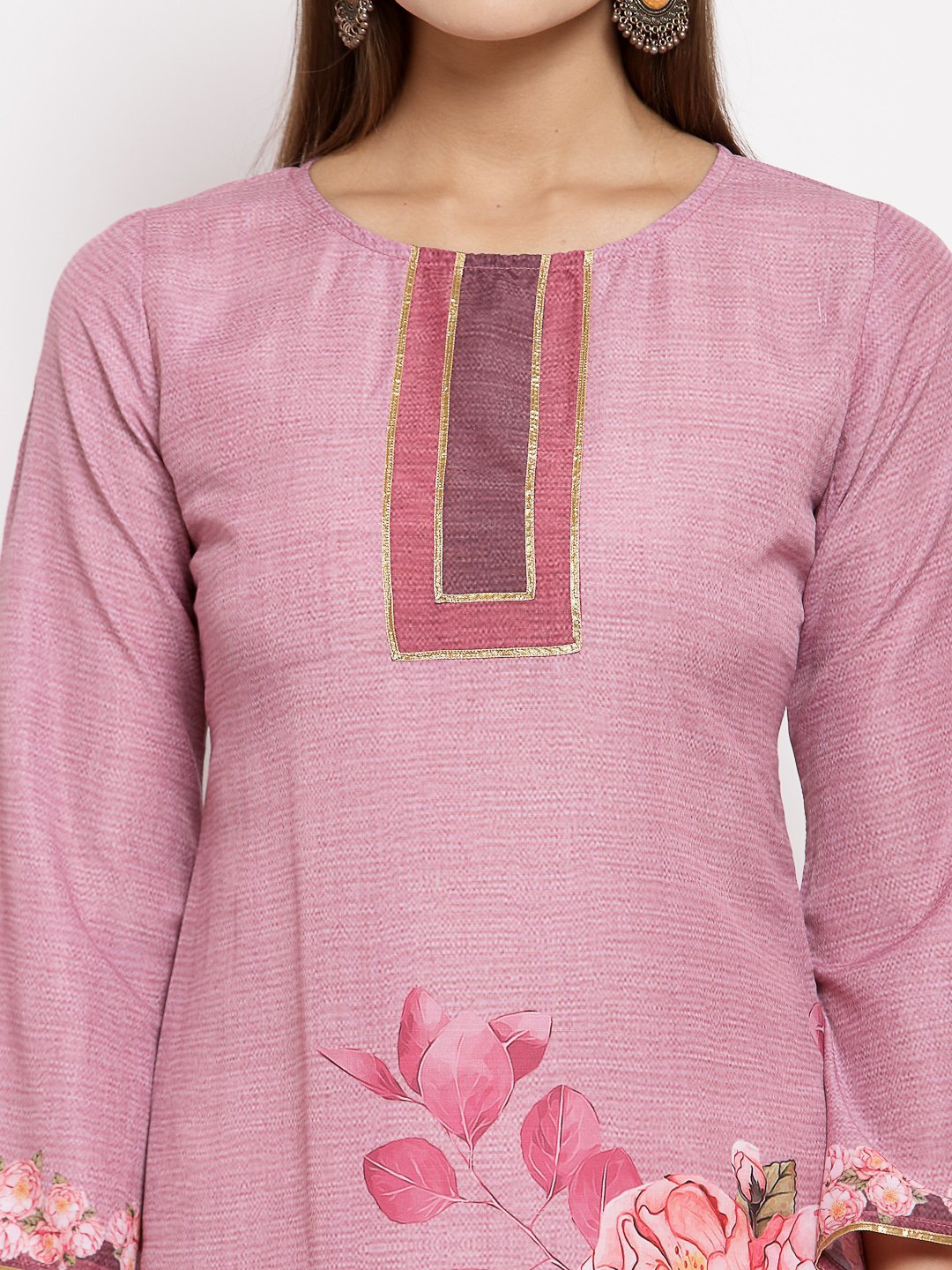 Women's Pink Cotton Printed Full Sleeve Round Neck Casual Kurta