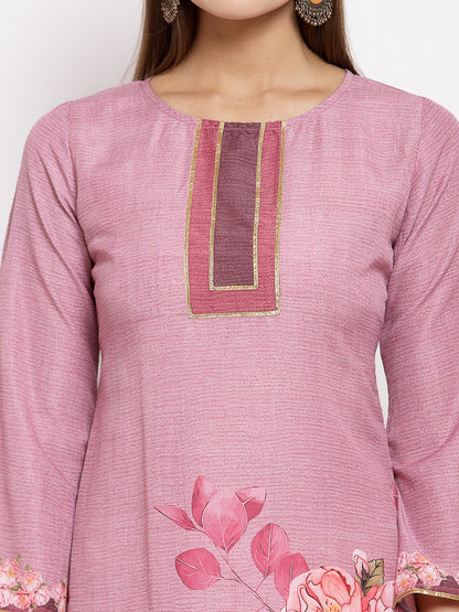 Women's Pink Cotton Printed Full Sleeve Round Neck Casual Kurta