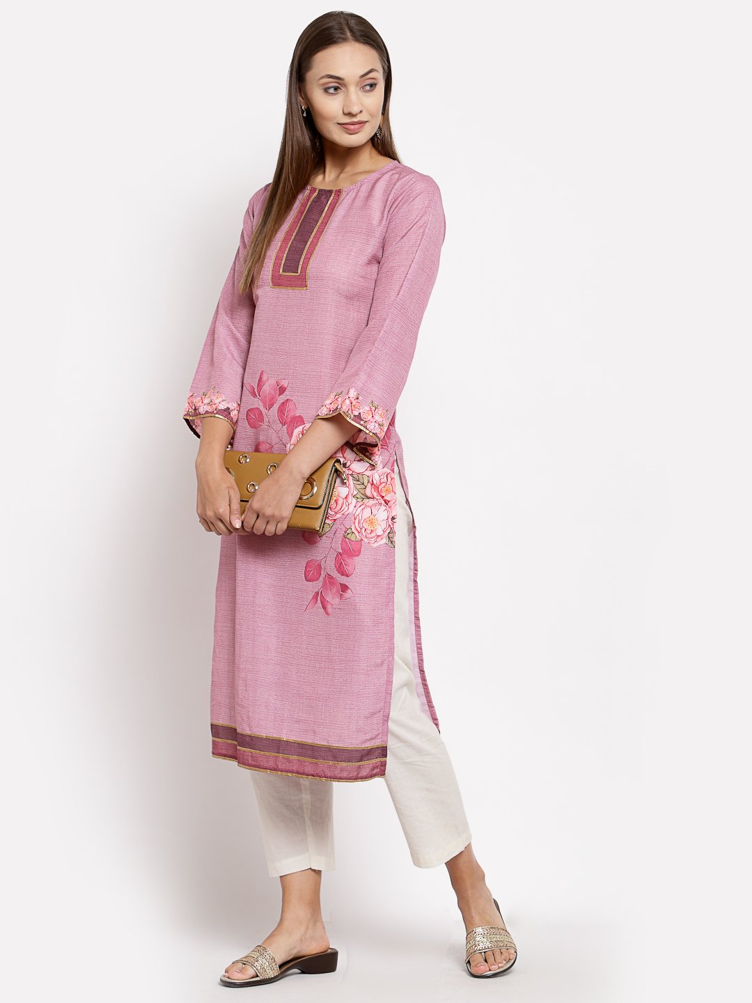 Women's Pink Cotton Printed Full Sleeve Round Neck Casual Kurta