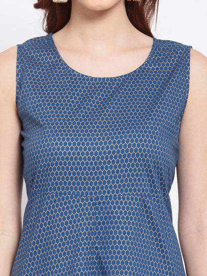 Women's Green Printed Cotton Sleeveless Round Neck Casual Kurta