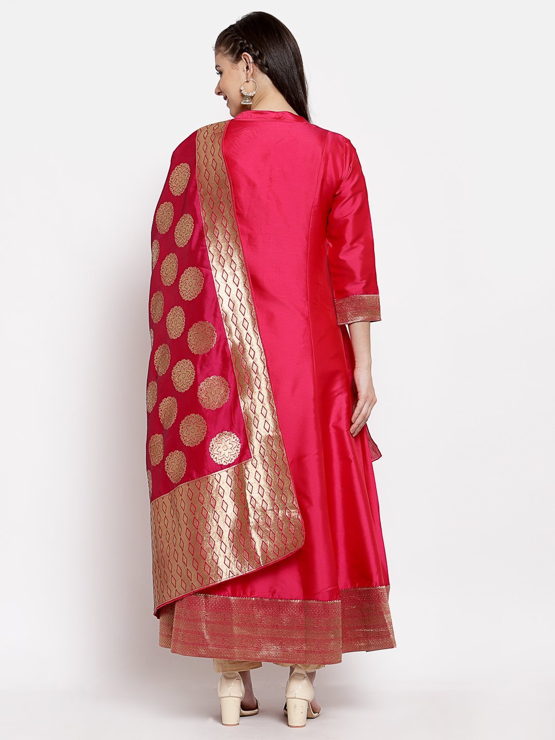 Women's Red Poly Silk Solid Full Sleeve Mandarin Neck Casual Anarkali Gown