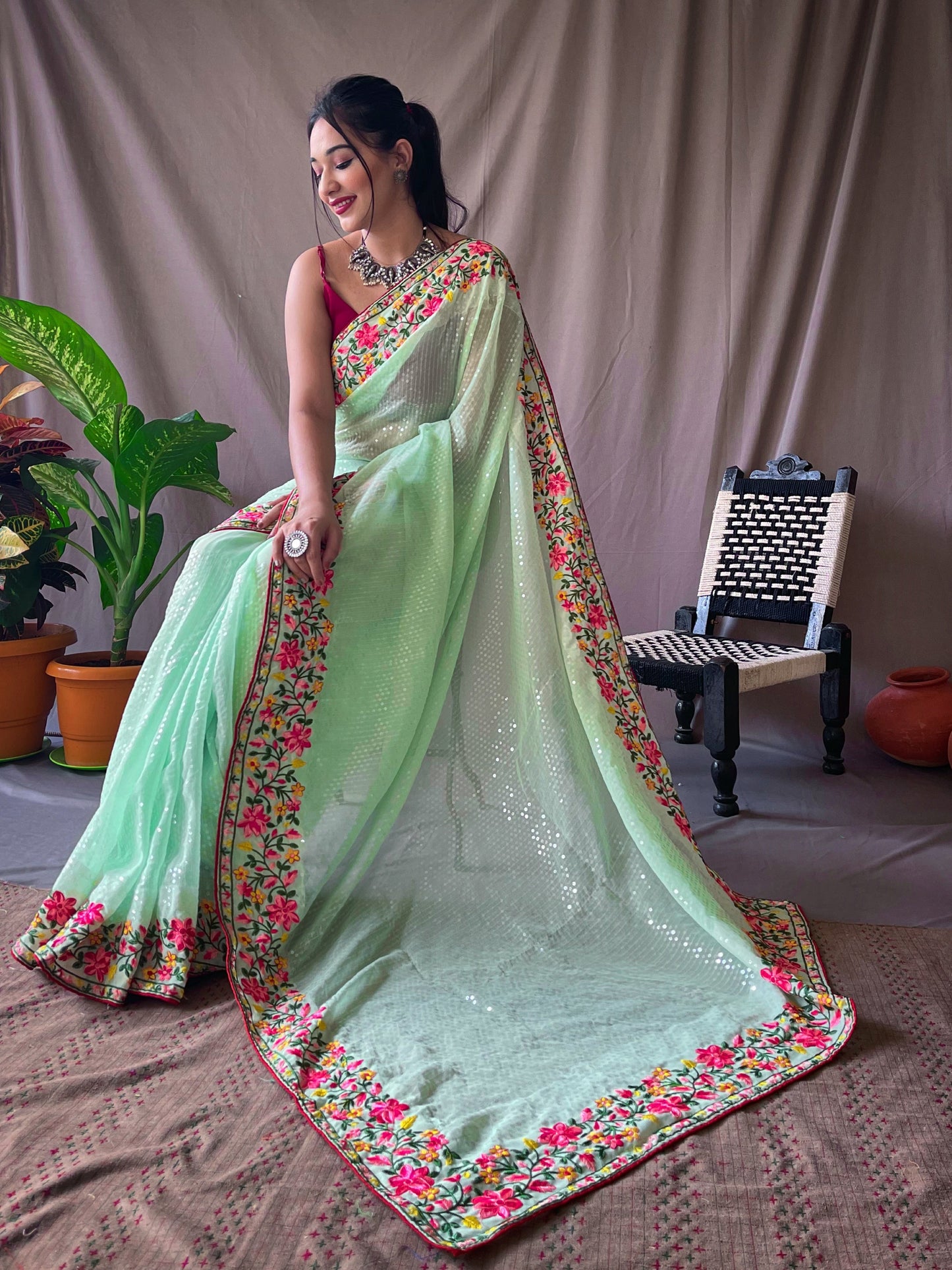 Women's Georgette Sequins Designer Saree Soft Green