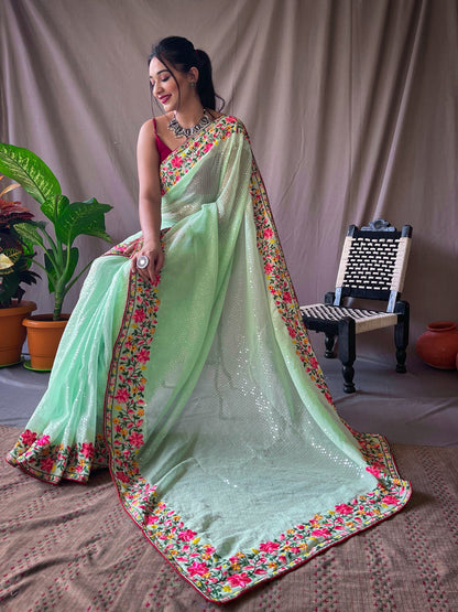 Women's Georgette Sequins Designer Saree Soft Green