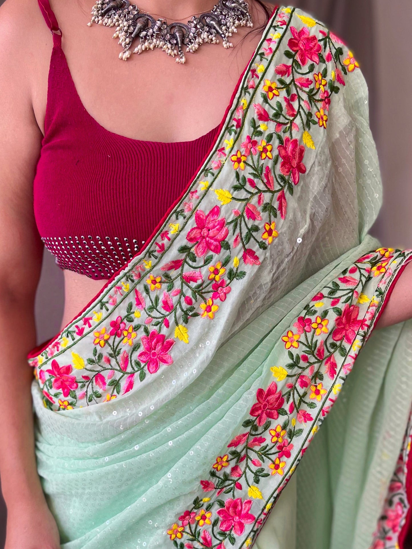 Women's Georgette Sequins Designer Saree Soft Green