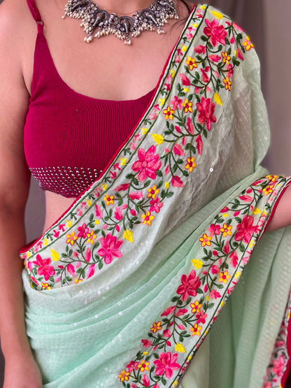 Women's Georgette Sequins Designer Saree Soft Green