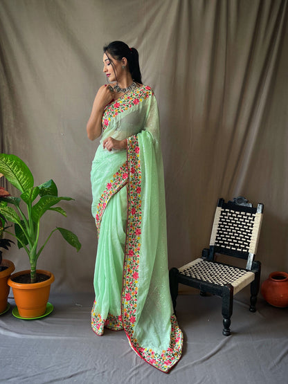 Women's Georgette Sequins Designer Saree Soft Green