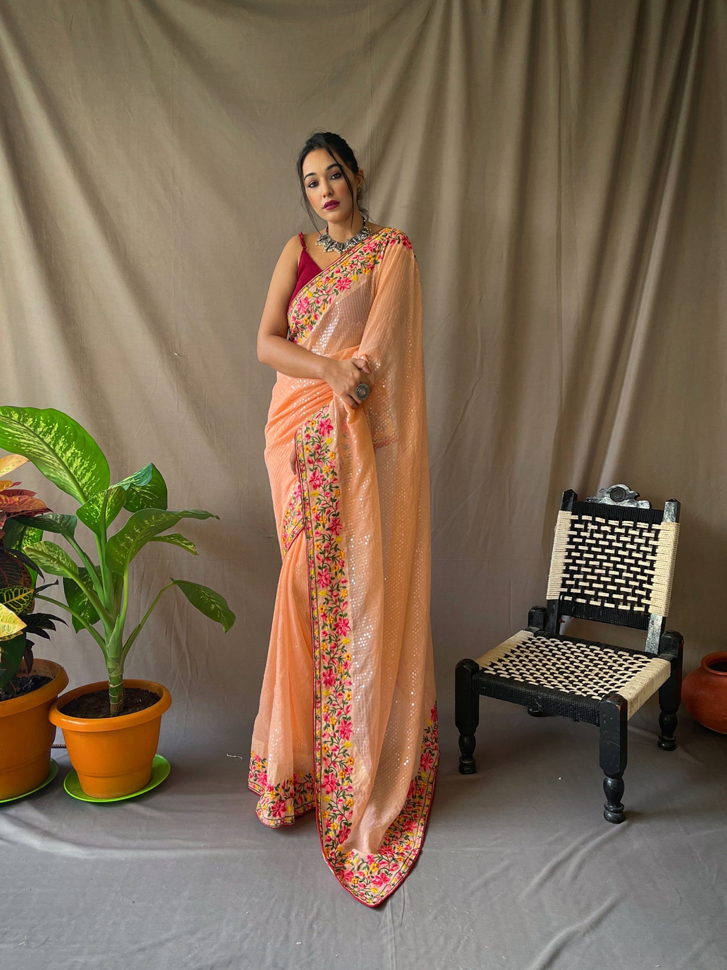 Women's Georgette Sequins Designer Saree Peach