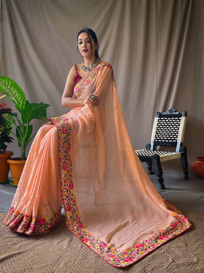 Women's Georgette Sequins Designer Saree Peach