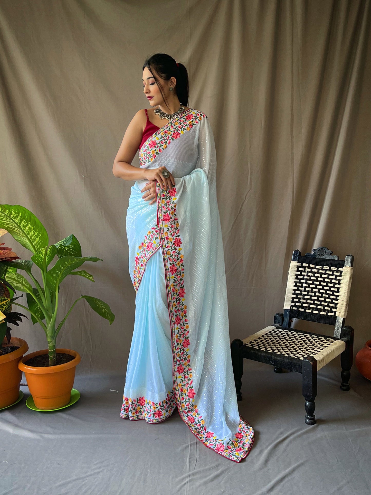 Women's Georgette Sequins Designer Saree Sky Blue