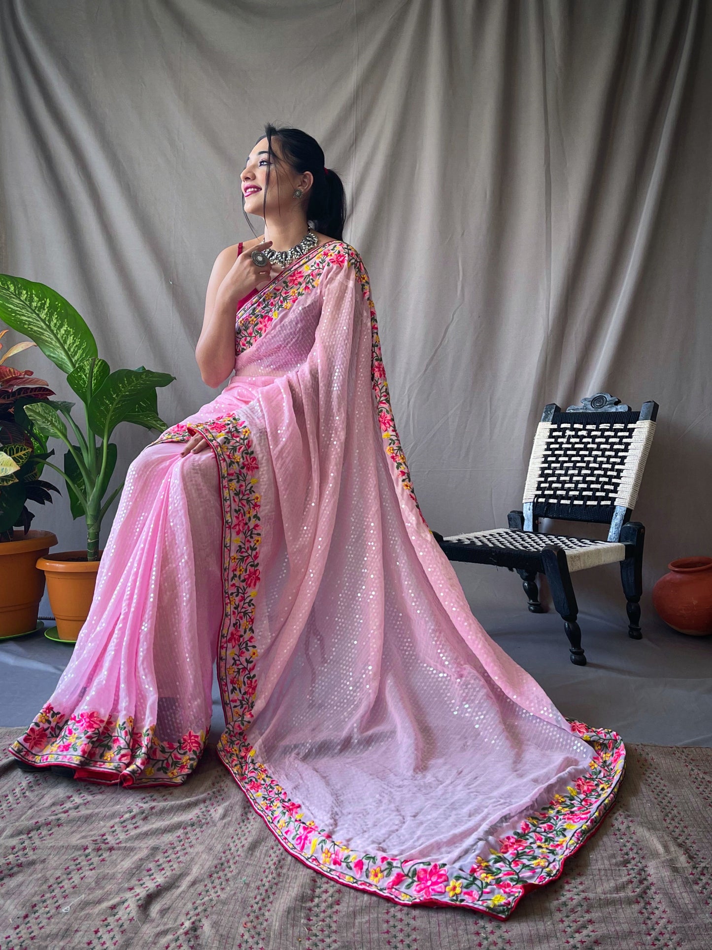 Women's Georgette Sequins Designer Saree Pastel Pink