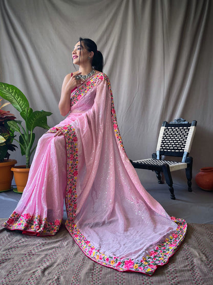 Women's Georgette Sequins Designer Saree Pastel Pink