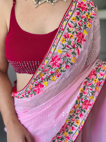 Women's Georgette Sequins Designer Saree Pastel Pink