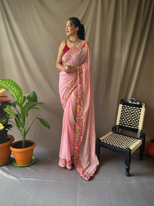 Women's Georgette Sequins Designer Saree Pastel Pink