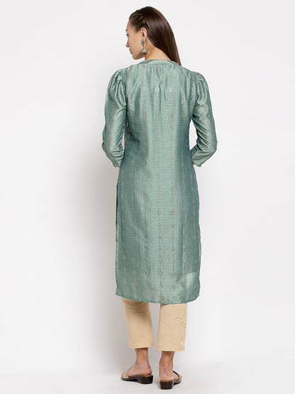 Women's Green Silk Solid Full Sleeve Round Neck Casual Kurta