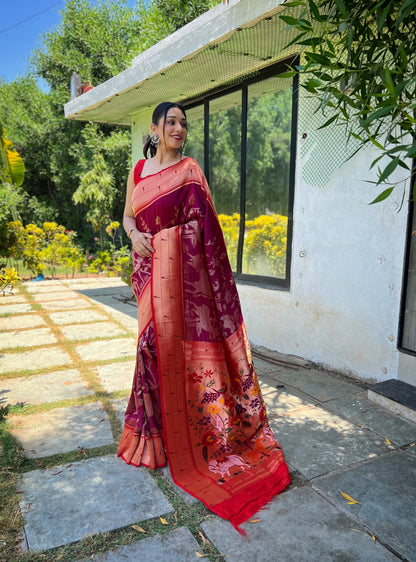 Women's Magenta Wine Gauri Paithani Silk Pichwai Woven Saree