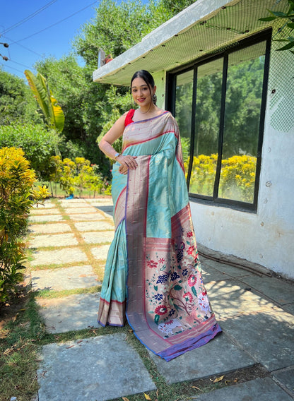 Women's Sky Blue Gauri Paithani Silk Pichwai Woven Saree
