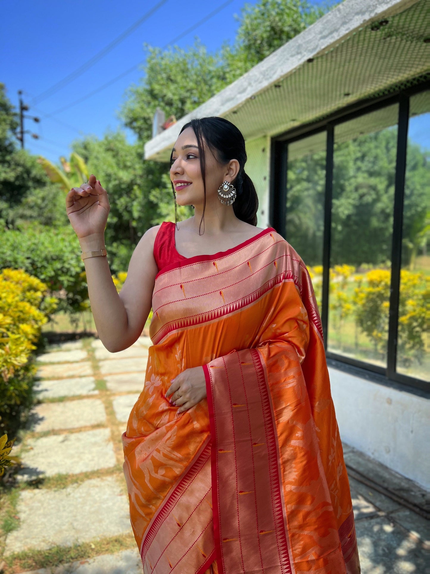 Women's Orange Gauri Paithani Silk Pichwai Woven Saree