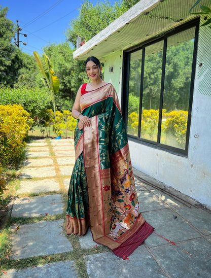 Women's Dark Green Gauri Paithani Silk Pichwai Woven Saree